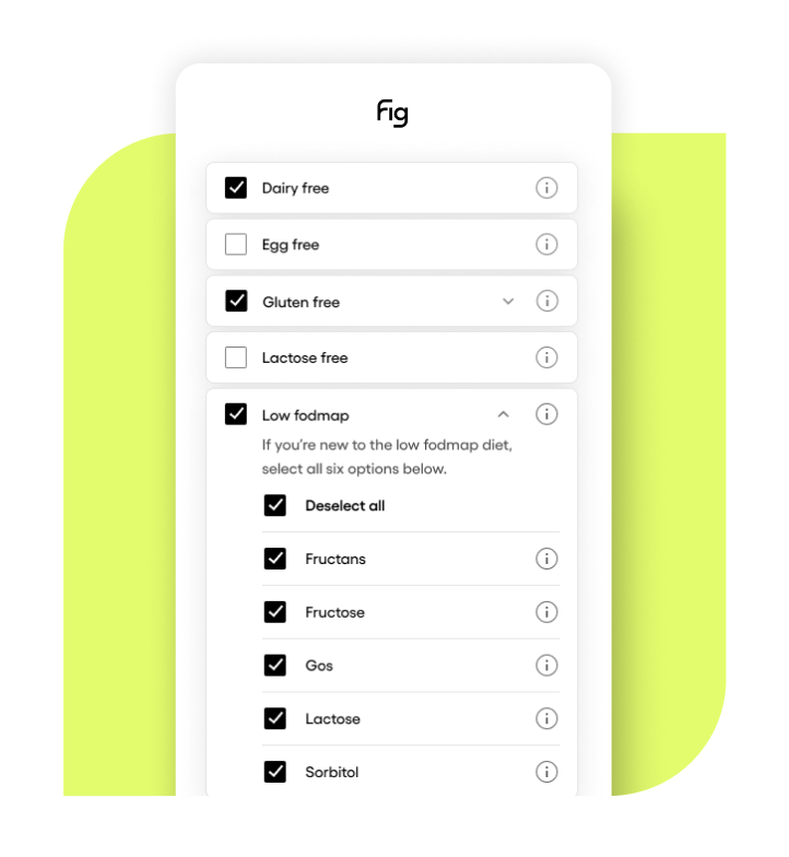 A screenshot of the Fig app showing a list of diets you can select from
